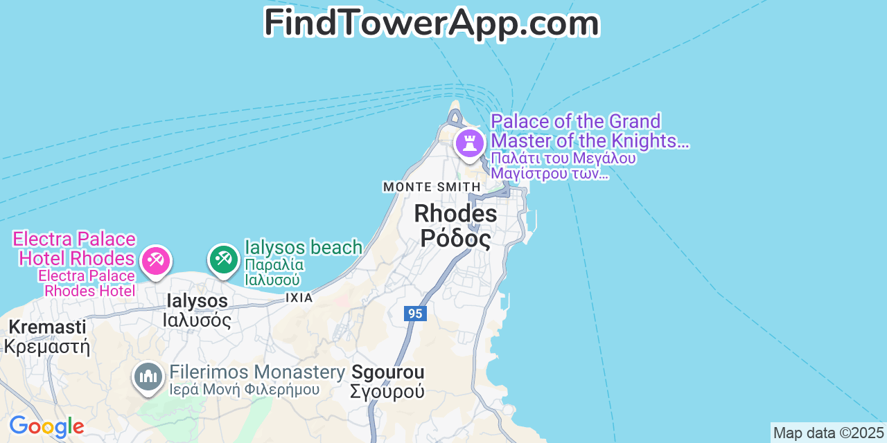 Map showing the 0 primary Vodafone cell tower locations detected in Rhodes, Greece with coverage radius and signal strength indicators