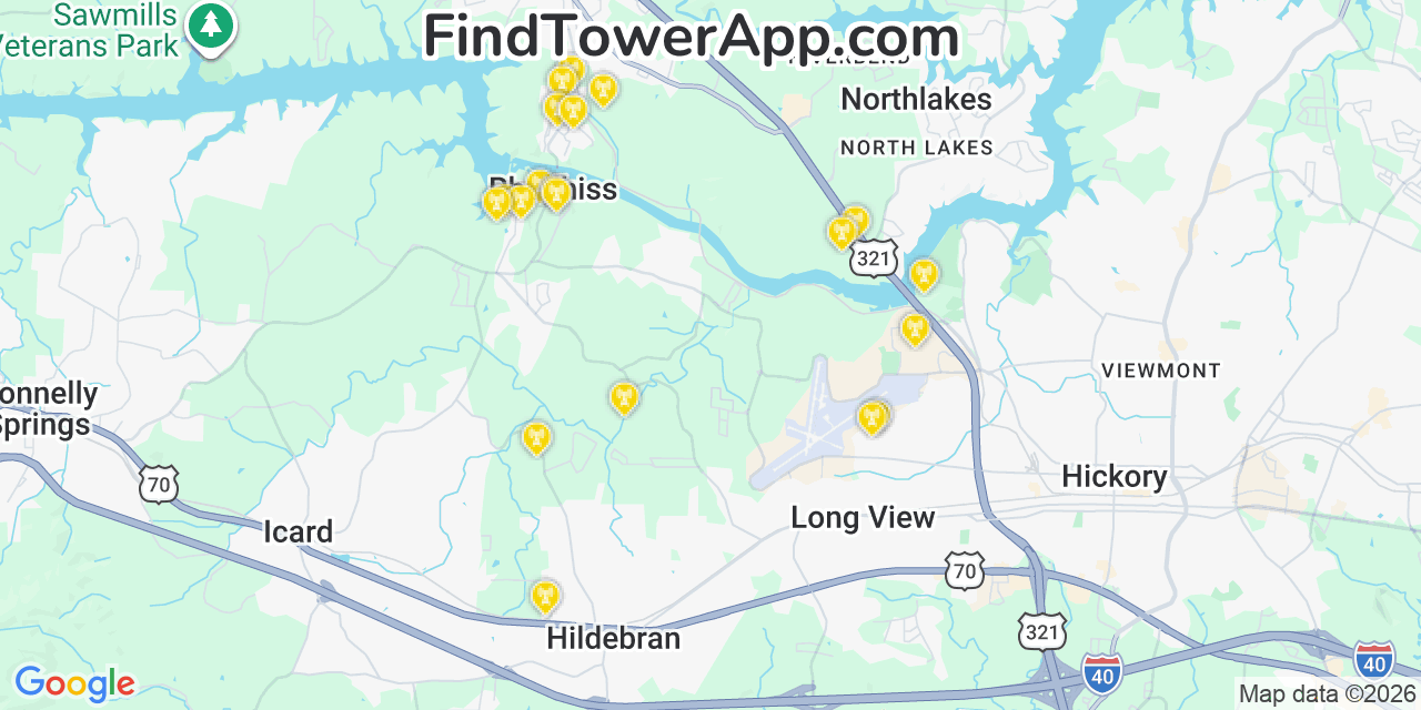 Map showing the 20 primary cell tower locations detected in Rhodhiss, North Carolina from AT&T, Verizon, and T-Mobile networks