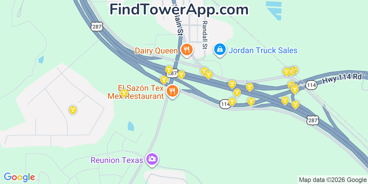 Map showing the 20 primary cell tower locations detected in Rhome, Texas from AT&T, Verizon, and T-Mobile networks