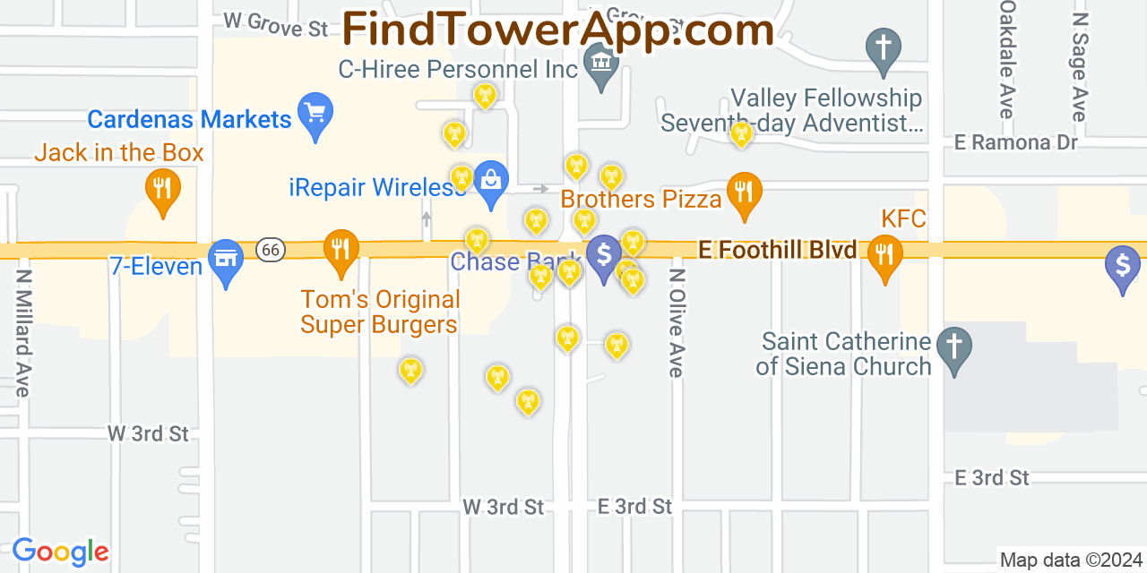 AT&T 4G/5G cell tower coverage map Rialto, California