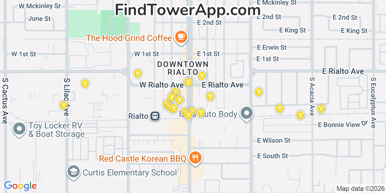 Map showing the 20 primary cell tower locations detected in Rialto, California from AT&T, Verizon, and T-Mobile networks