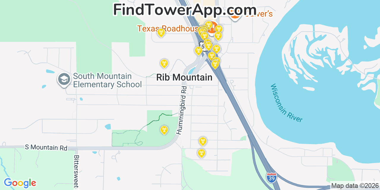 Map showing the 20 primary cell tower locations detected in Rib Mountain, Wisconsin from AT&T, Verizon, and T-Mobile networks