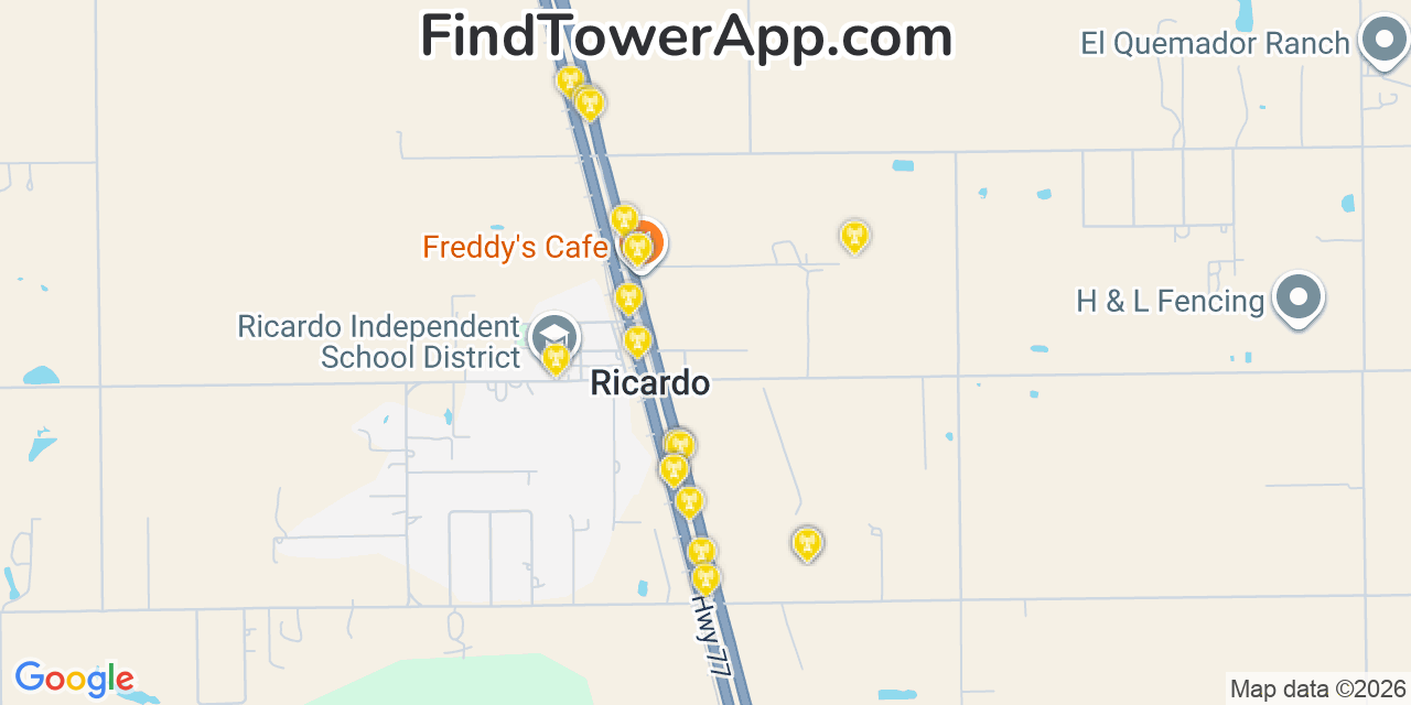 Map showing the 20 primary cell tower locations detected in Ricardo, Texas from AT&T, Verizon, and T-Mobile networks