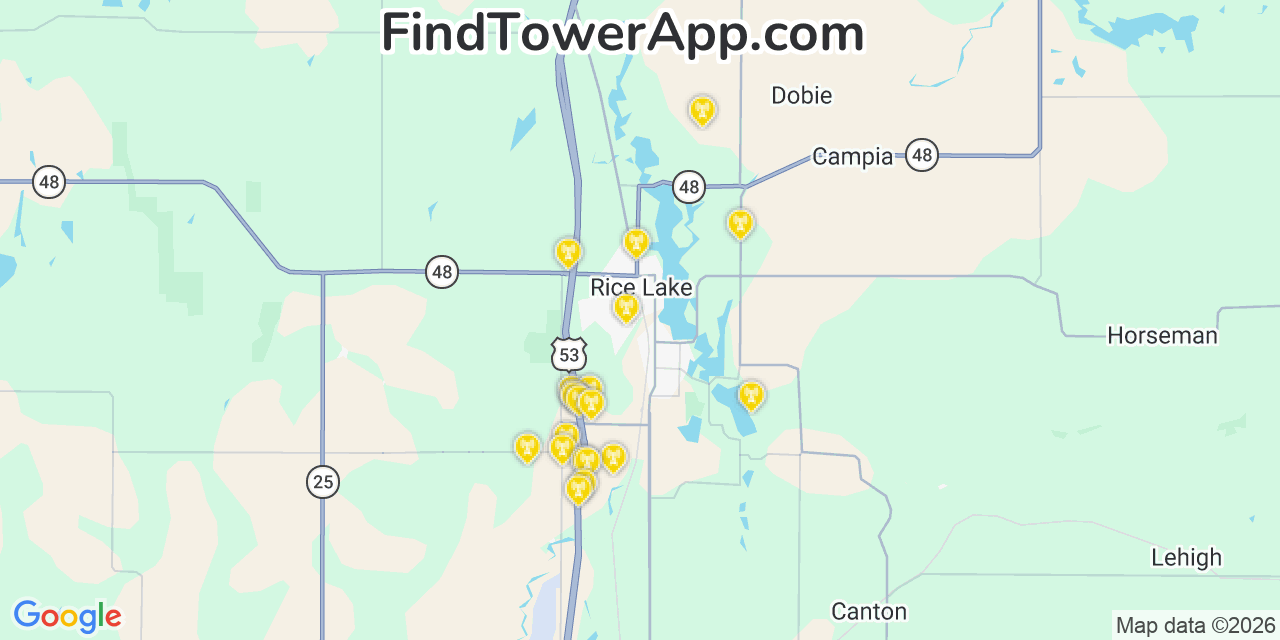 Map showing the 20 primary cell tower locations detected in Rice Lake, Wisconsin from AT&T, Verizon, and T-Mobile networks