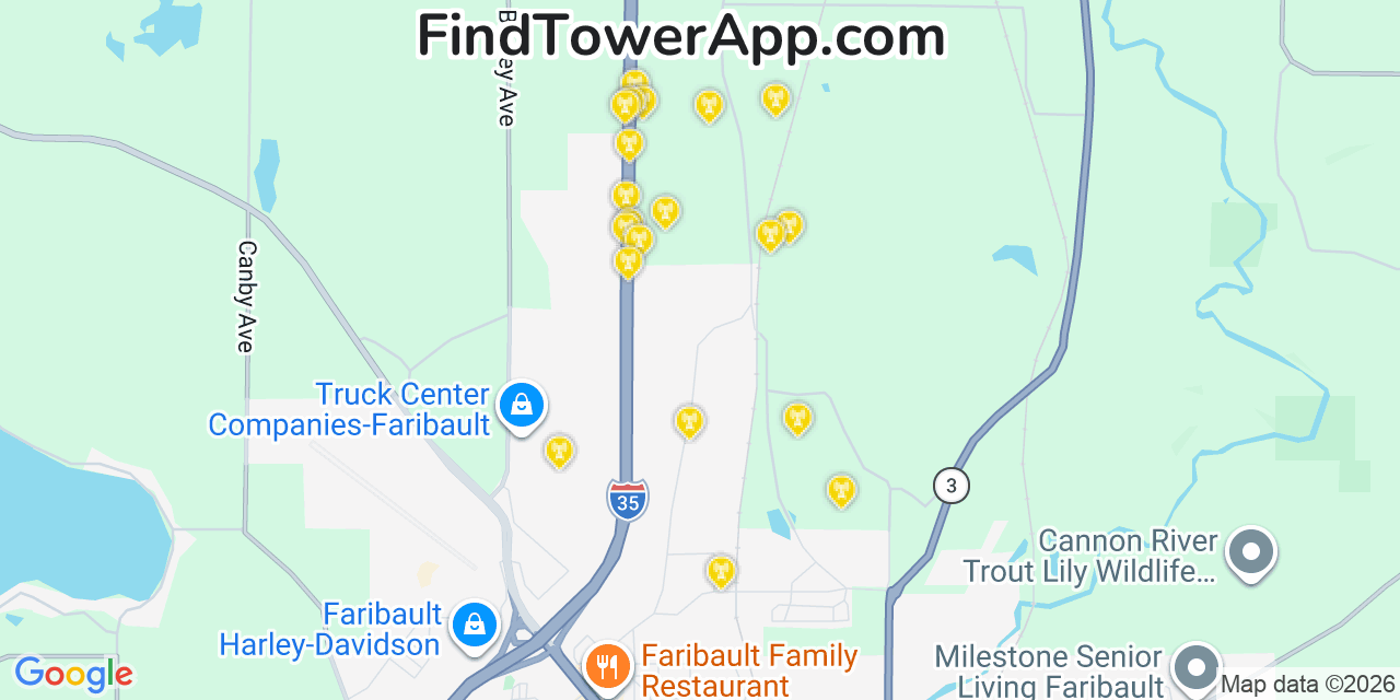 Map showing the 20 primary cell tower locations detected in Rice, Minnesota from AT&T, Verizon, and T-Mobile networks