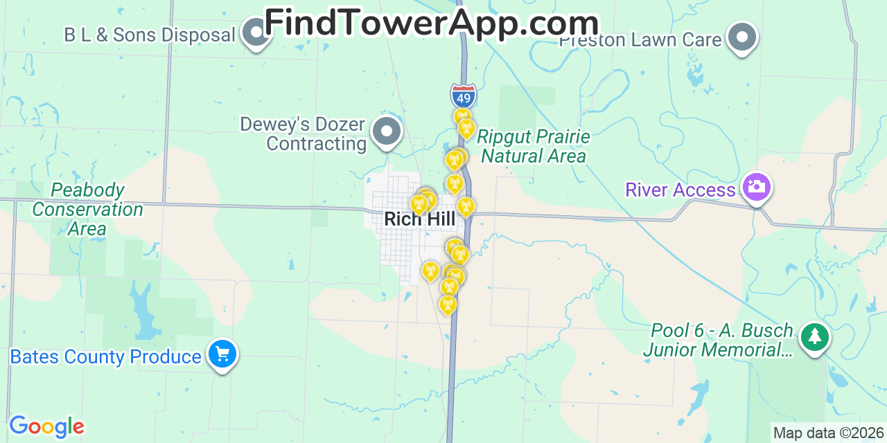 Map showing the 20 primary cell tower locations detected in Rich Hill, Missouri from AT&T, Verizon, and T-Mobile networks