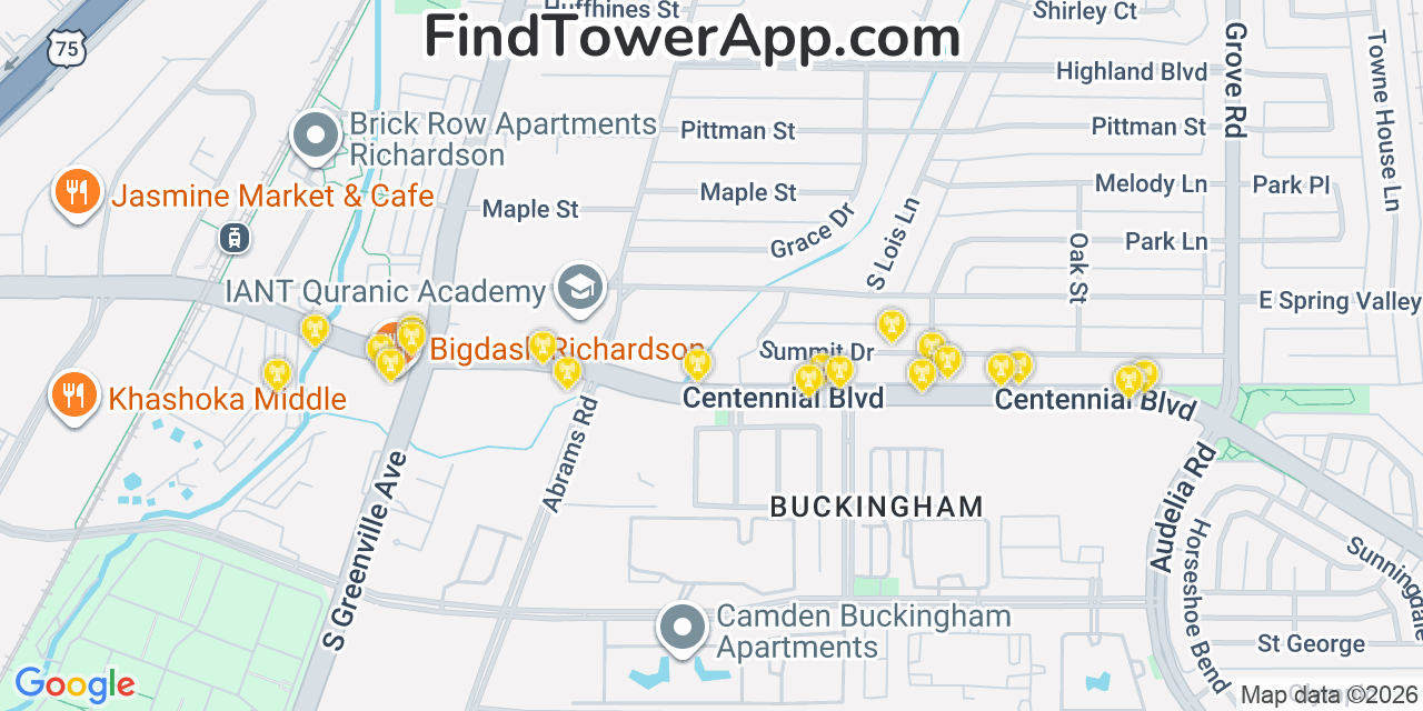 Map showing the 20 primary cell tower locations detected in Richardson, Texas from AT&T, Verizon, and T-Mobile networks