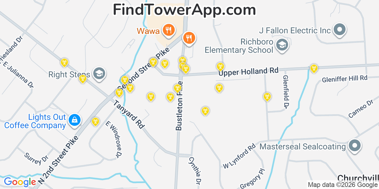 Map showing the 20 primary cell tower locations detected in Richboro, Pennsylvania from AT&T, Verizon, and T-Mobile networks