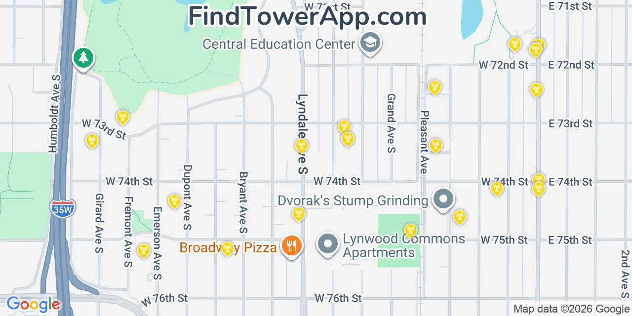Map showing the 20 primary cell tower locations detected in Richfield, Minnesota from AT&T, Verizon, and T-Mobile networks