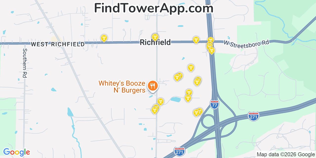 Map showing the 20 primary cell tower locations detected in Richfield, Ohio from AT&T, Verizon, and T-Mobile networks