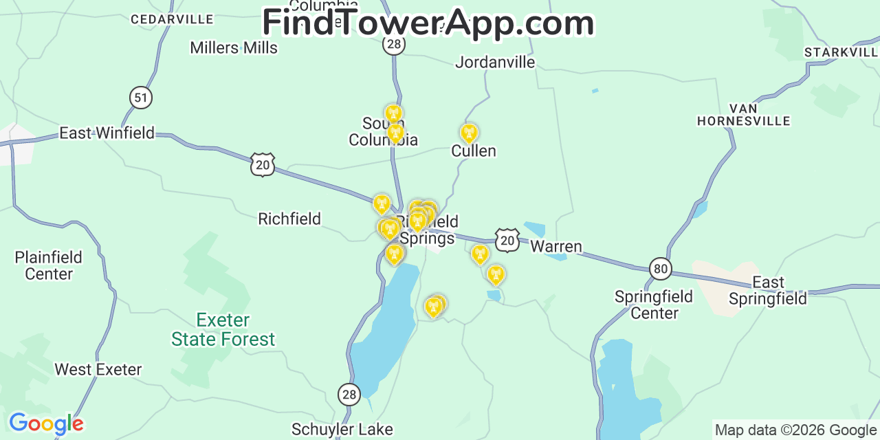 Map showing the 20 primary cell tower locations detected in Richfield Springs, New York from AT&T, Verizon, and T-Mobile networks