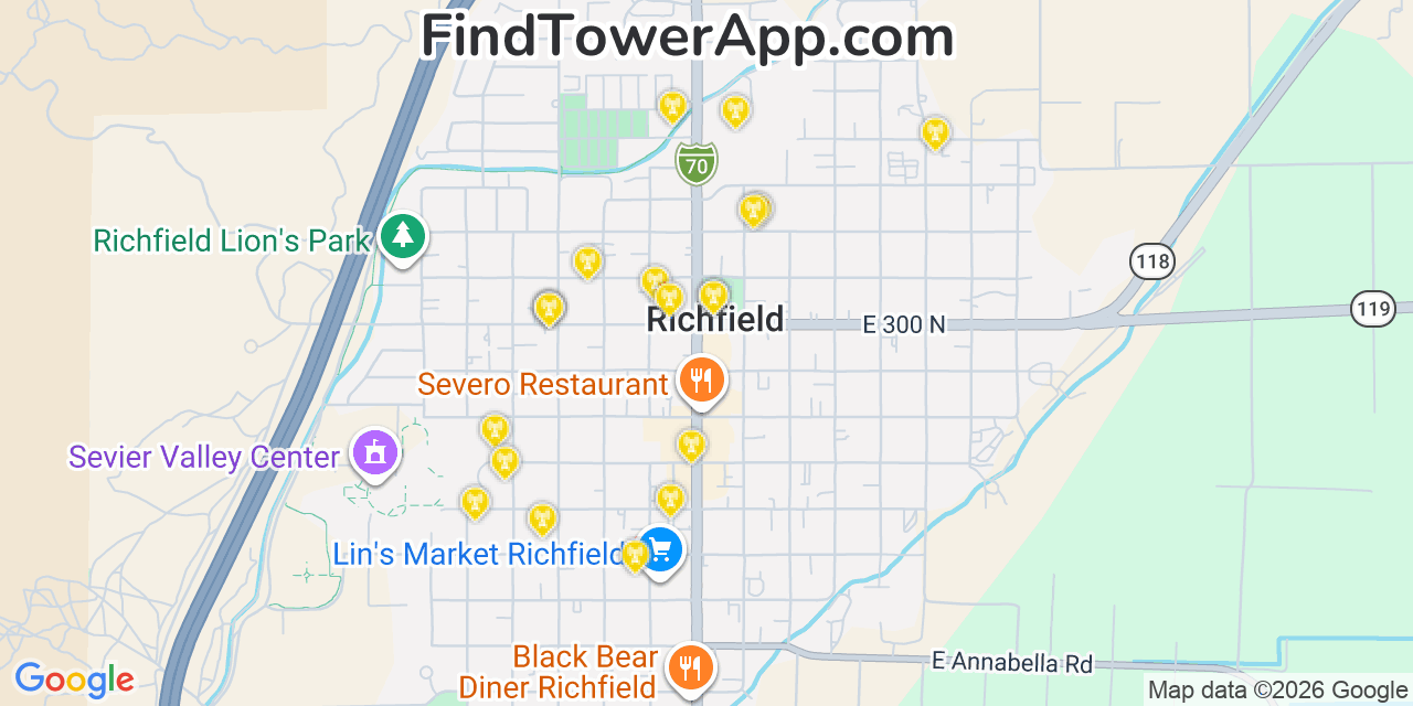 Map showing the 20 primary cell tower locations detected in Richfield, Utah from AT&T, Verizon, and T-Mobile networks