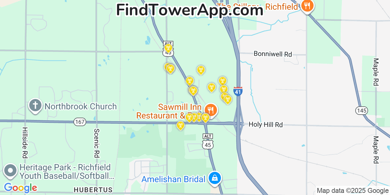 Map showing the 20 primary cell tower locations detected in Richfield, Wisconsin from AT&T, Verizon, and T-Mobile networks