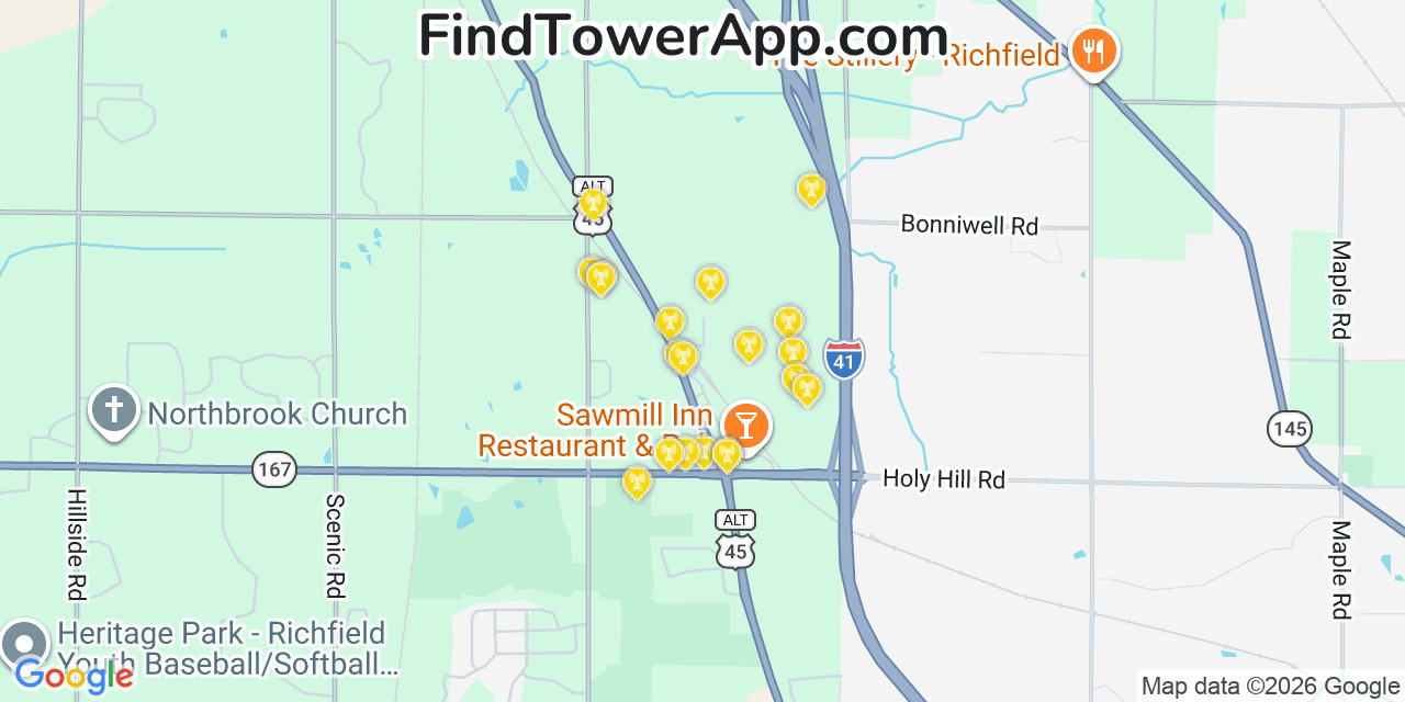 Map showing the 20 primary cell tower locations detected in Richfield, Wisconsin from AT&T, Verizon, and T-Mobile networks