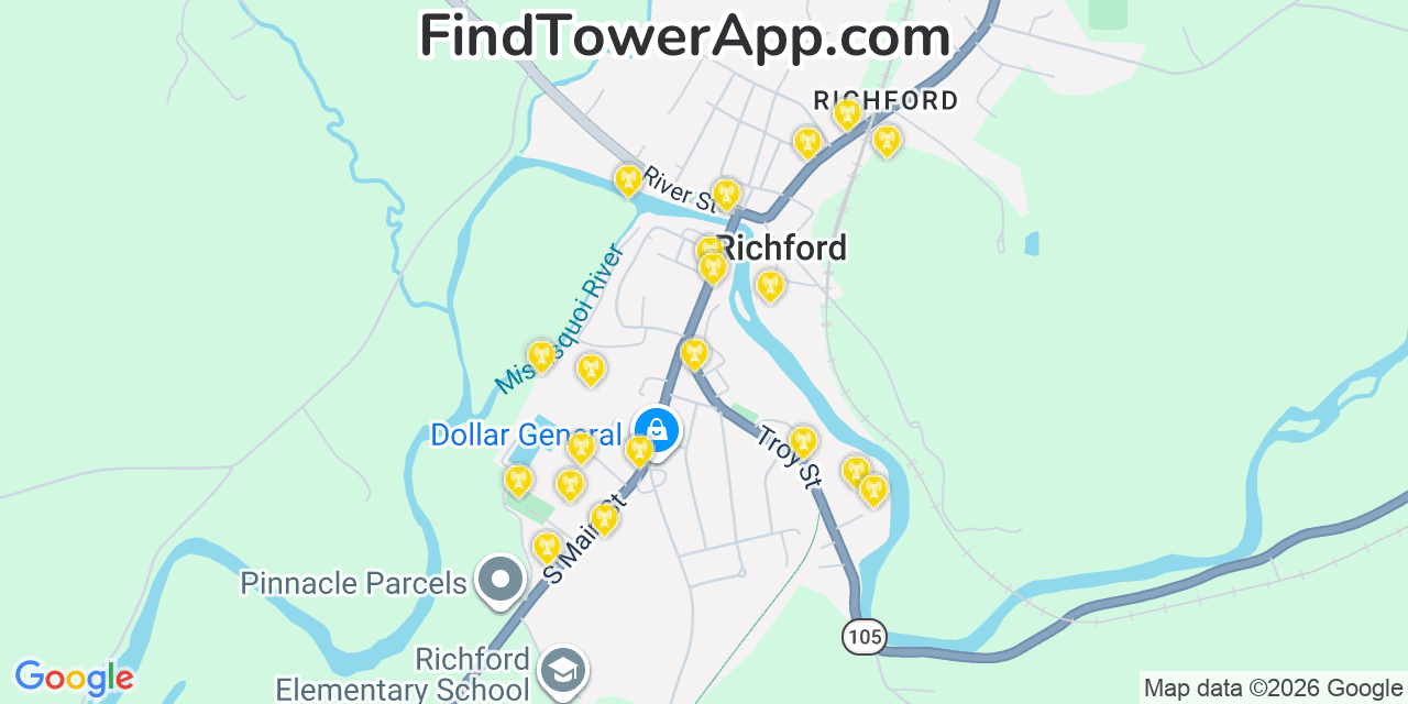 Map showing the 20 primary cell tower locations detected in Richford, Vermont from AT&T, Verizon, and T-Mobile networks