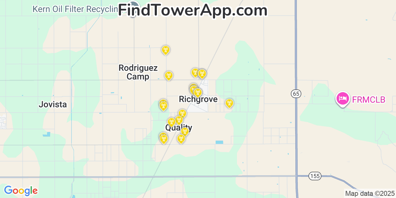 Map showing the 20 primary cell tower locations detected in Richgrove, California from AT&T, Verizon, and T-Mobile networks