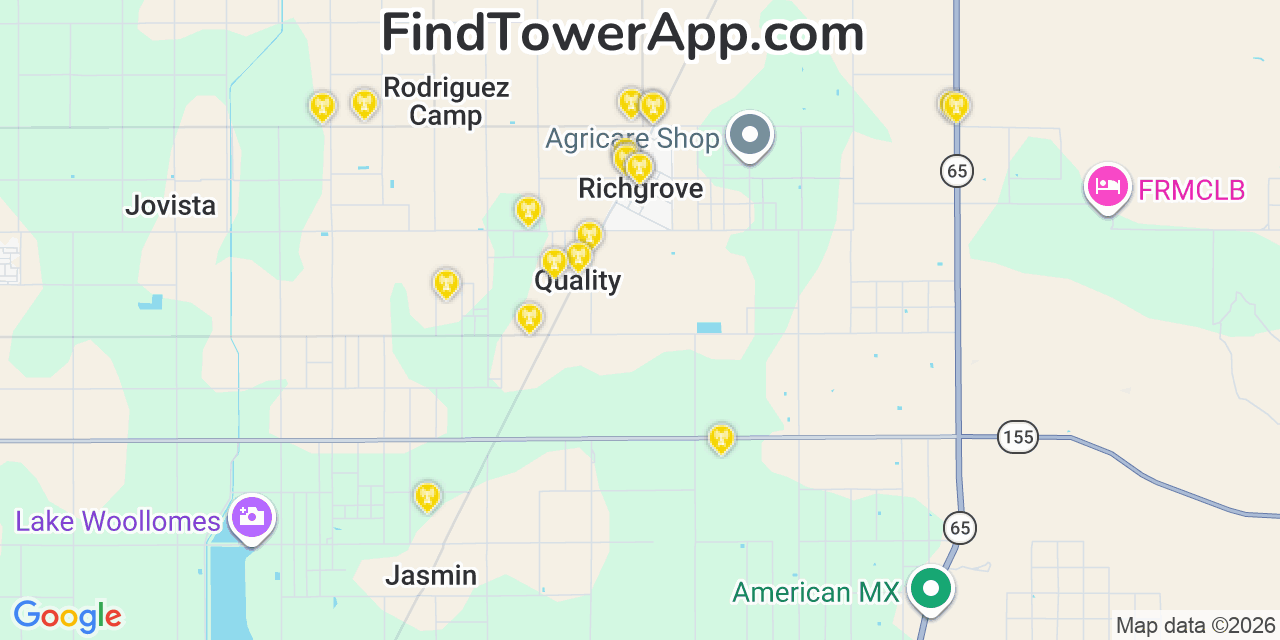 Map showing the 20 primary cell tower locations detected in Richgrove, California from AT&T, Verizon, and T-Mobile networks