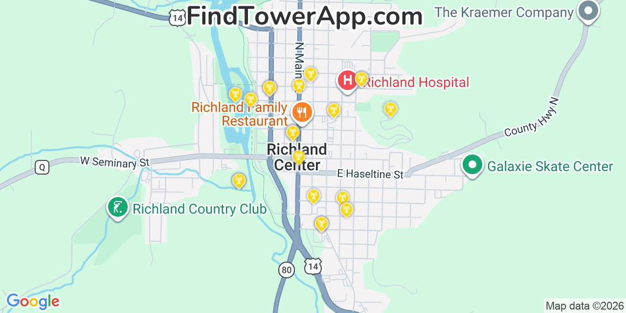 Map showing the 20 primary cell tower locations detected in Richland Center, Wisconsin from AT&T, Verizon, and T-Mobile networks