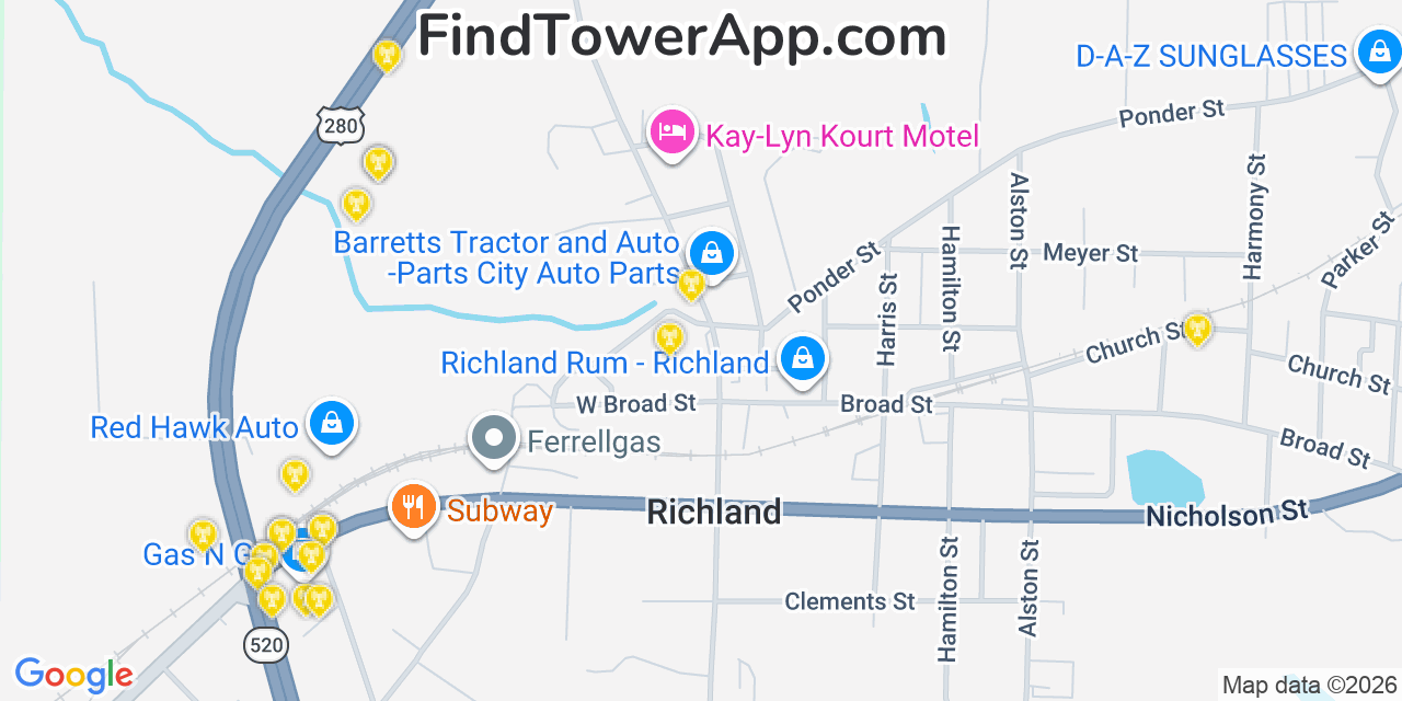 Map showing the 20 primary cell tower locations detected in Richland, Georgia from AT&T, Verizon, and T-Mobile networks