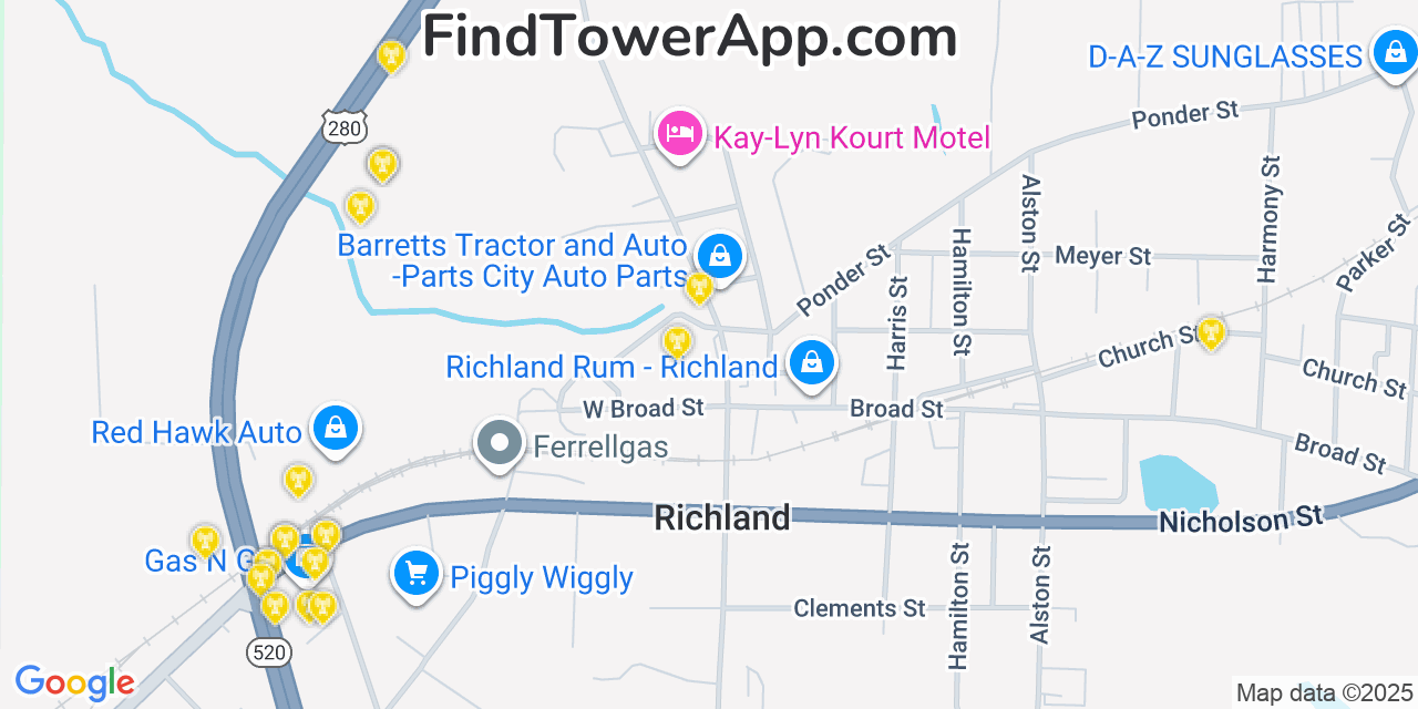 Map showing the 20 primary Mobitel cell tower locations detected in Richland, Georgia with coverage radius and signal strength indicators