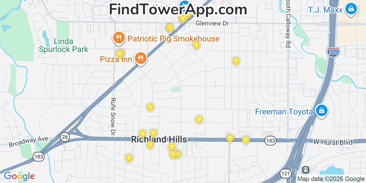 Map showing the 20 primary cell tower locations detected in Richland Hills, Texas from AT&T, Verizon, and T-Mobile networks