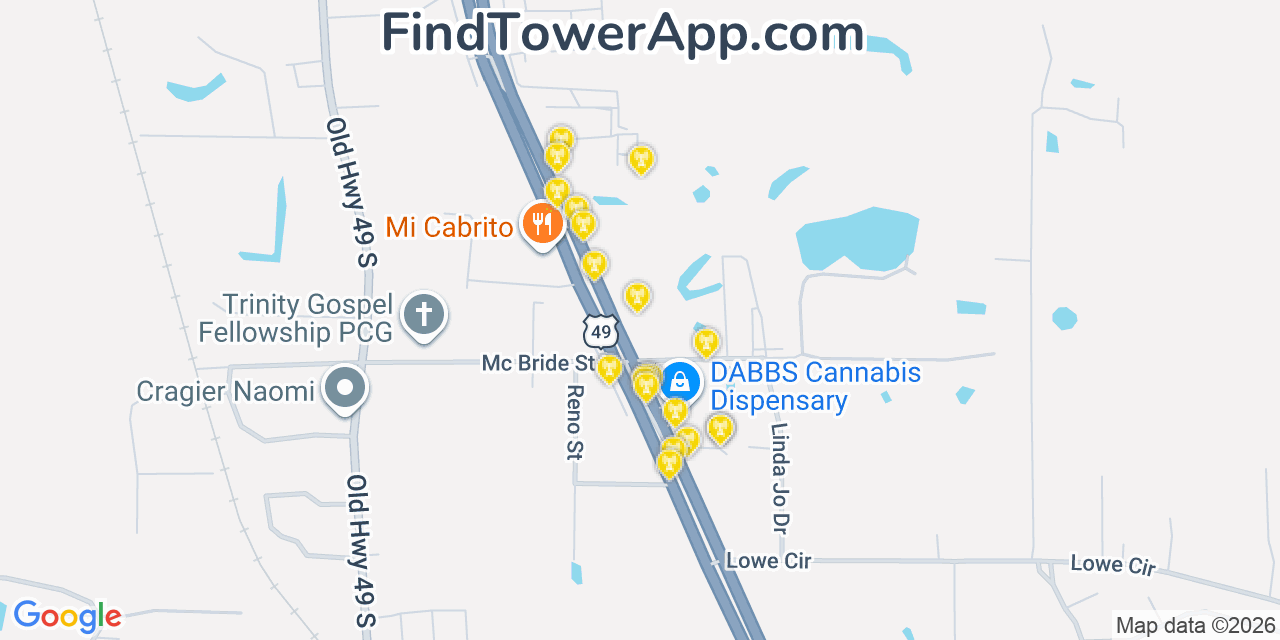 Map showing the 20 primary cell tower locations detected in Richland, Mississippi from AT&T, Verizon, and T-Mobile networks