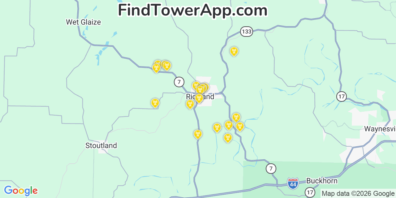 Map showing the 20 primary cell tower locations detected in Richland, Missouri from AT&T, Verizon, and T-Mobile networks