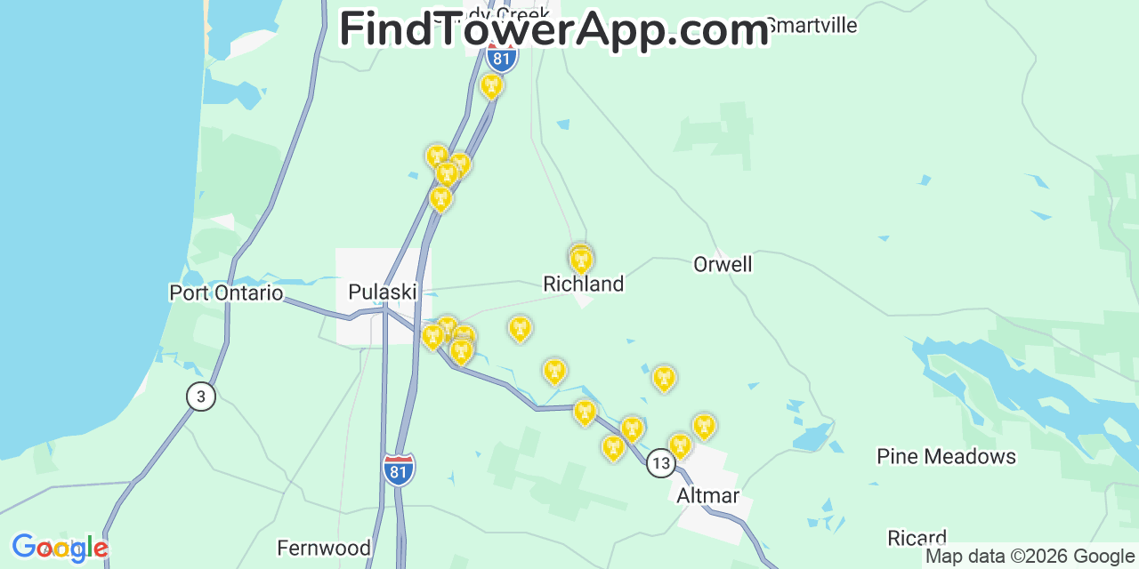 Map showing the 20 primary cell tower locations detected in Richland, New York from AT&T, Verizon, and T-Mobile networks