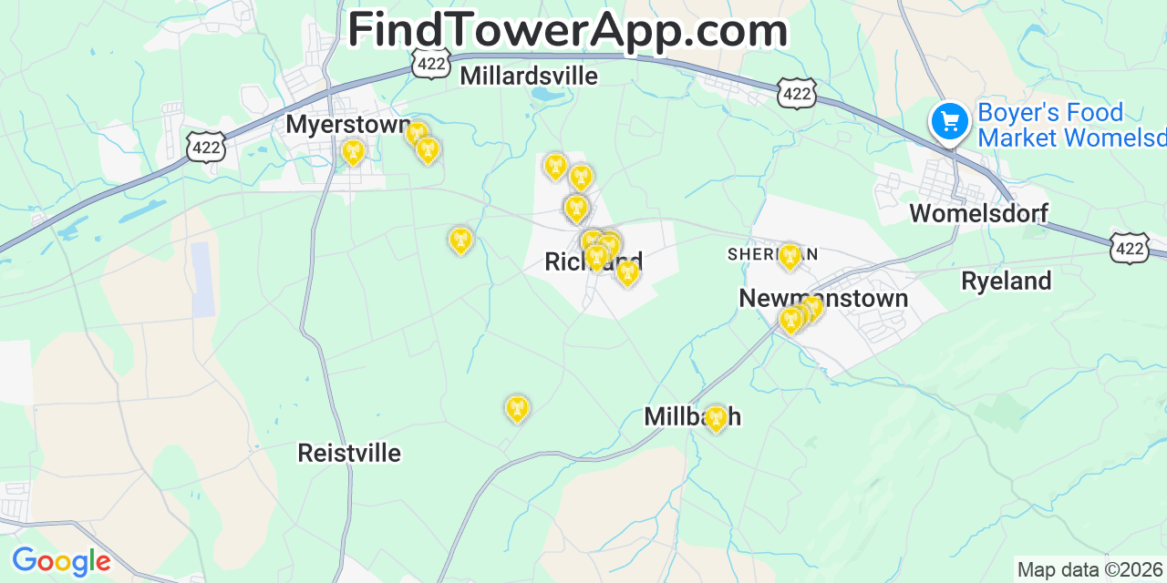 Map showing the 20 primary cell tower locations detected in Richland, Pennsylvania from AT&T, Verizon, and T-Mobile networks