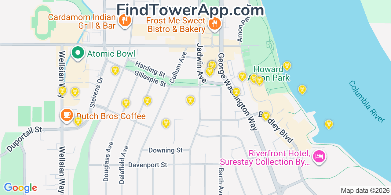 Map showing the 20 primary cell tower locations detected in Richland, Washington from AT&T, Verizon, and T-Mobile networks