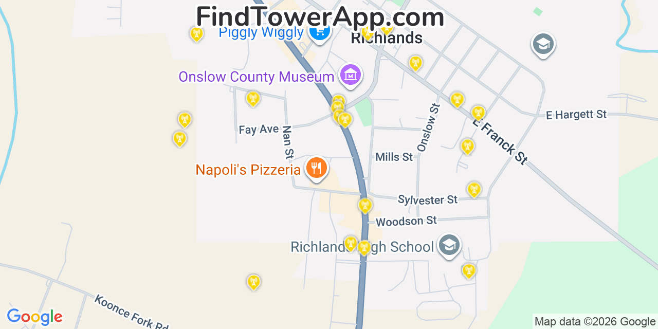 Map showing the 20 primary cell tower locations detected in Richlands, North Carolina from AT&T, Verizon, and T-Mobile networks