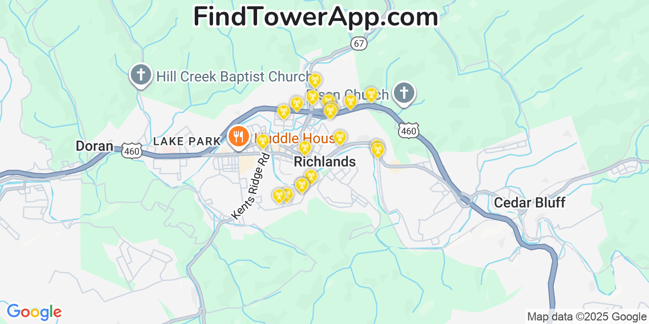 Map showing the 20 primary cell tower locations detected in Richlands, Virginia from AT&T, Verizon, and T-Mobile networks