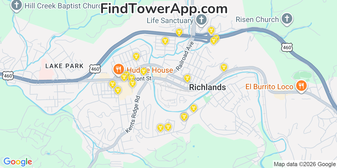 Map showing the 20 primary cell tower locations detected in Richlands, Virginia from AT&T, Verizon, and T-Mobile networks