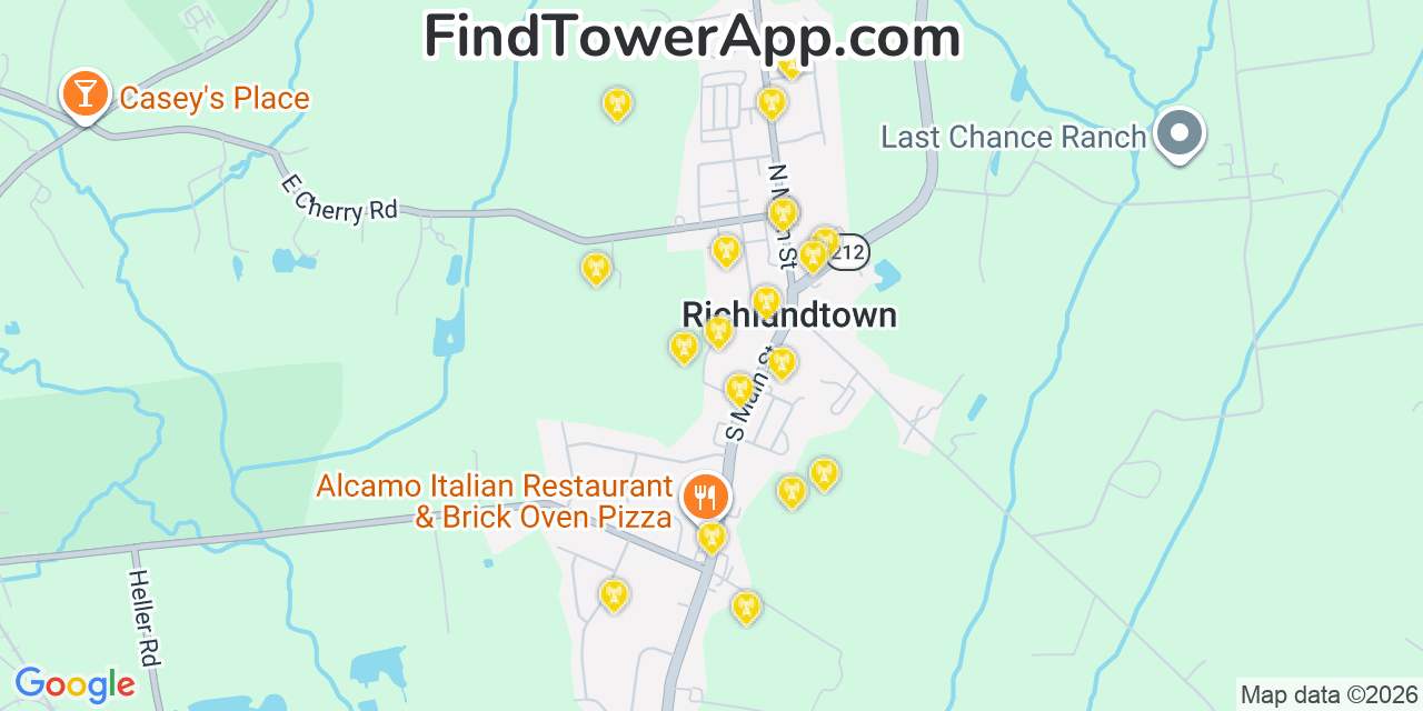 Map showing the 20 primary cell tower locations detected in Richlandtown, Pennsylvania from AT&T, Verizon, and T-Mobile networks