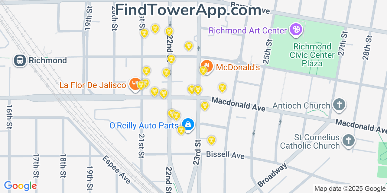 Map showing the 20 primary cell tower locations detected in Richmond, California from AT&T, Verizon, and T-Mobile networks