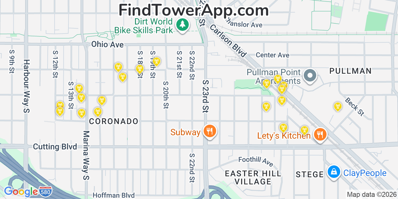 Map showing the 20 primary cell tower locations detected in Richmond, California from AT&T, Verizon, and T-Mobile networks