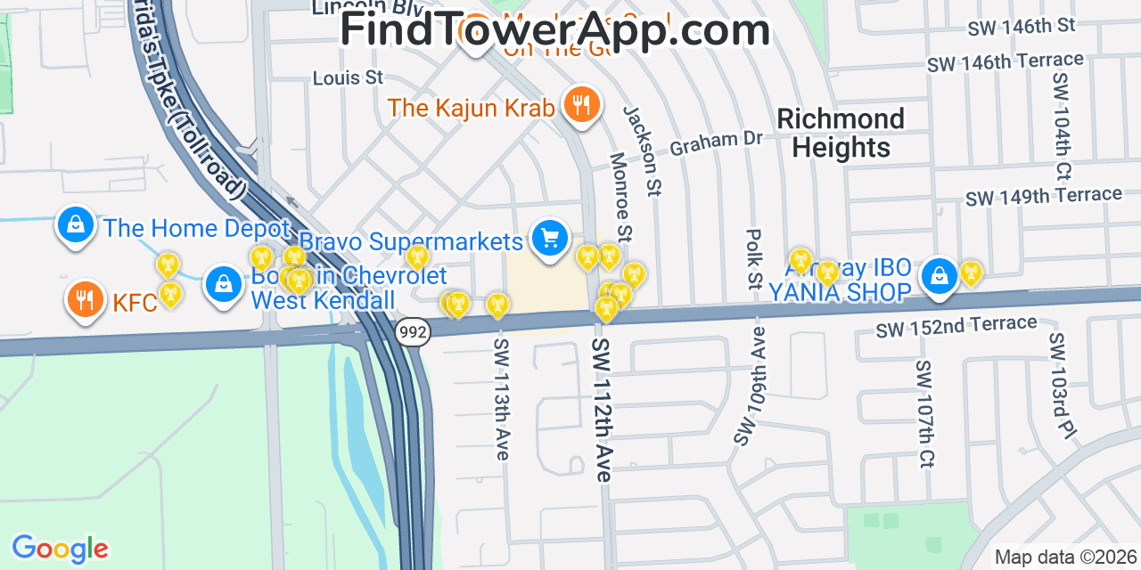 Map showing the 20 primary cell tower locations detected in Richmond Heights, Florida from AT&T, Verizon, and T-Mobile networks