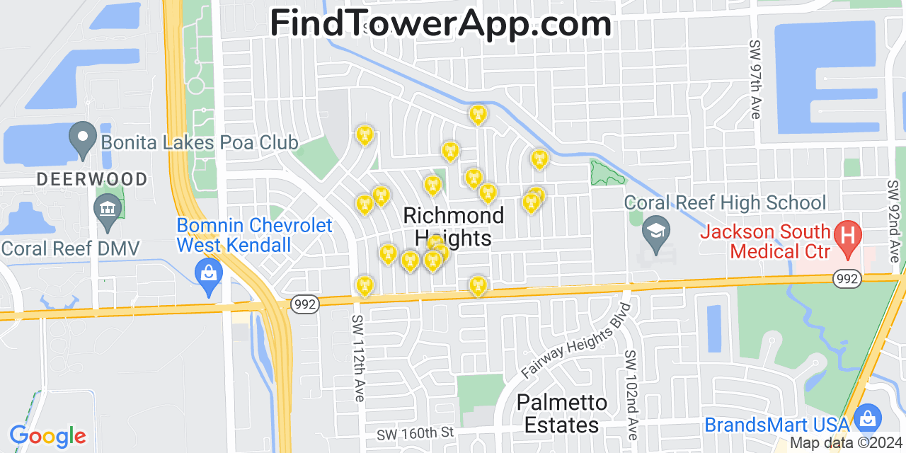 Verizon 4G/5G cell tower coverage map Richmond Heights, Florida