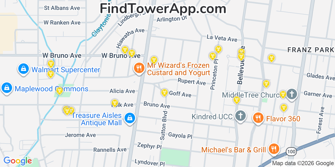 Map showing the 20 primary cell tower locations detected in Richmond Heights, Missouri from AT&T, Verizon, and T-Mobile networks