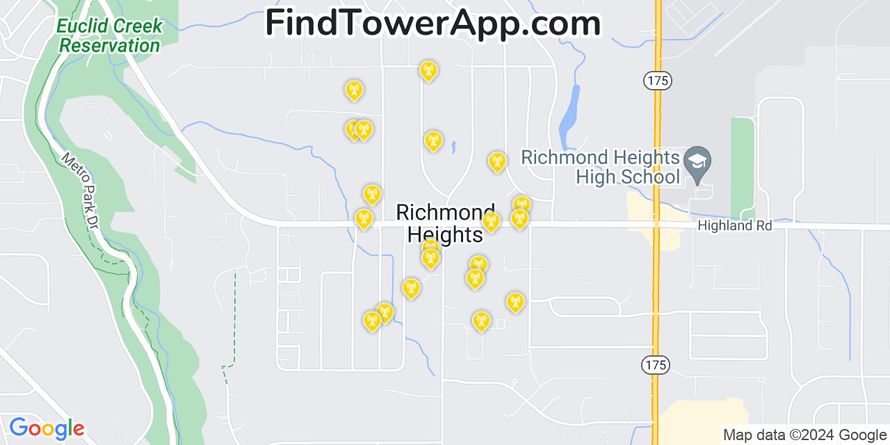 AT&T 4G/5G cell tower coverage map Richmond Heights, Ohio