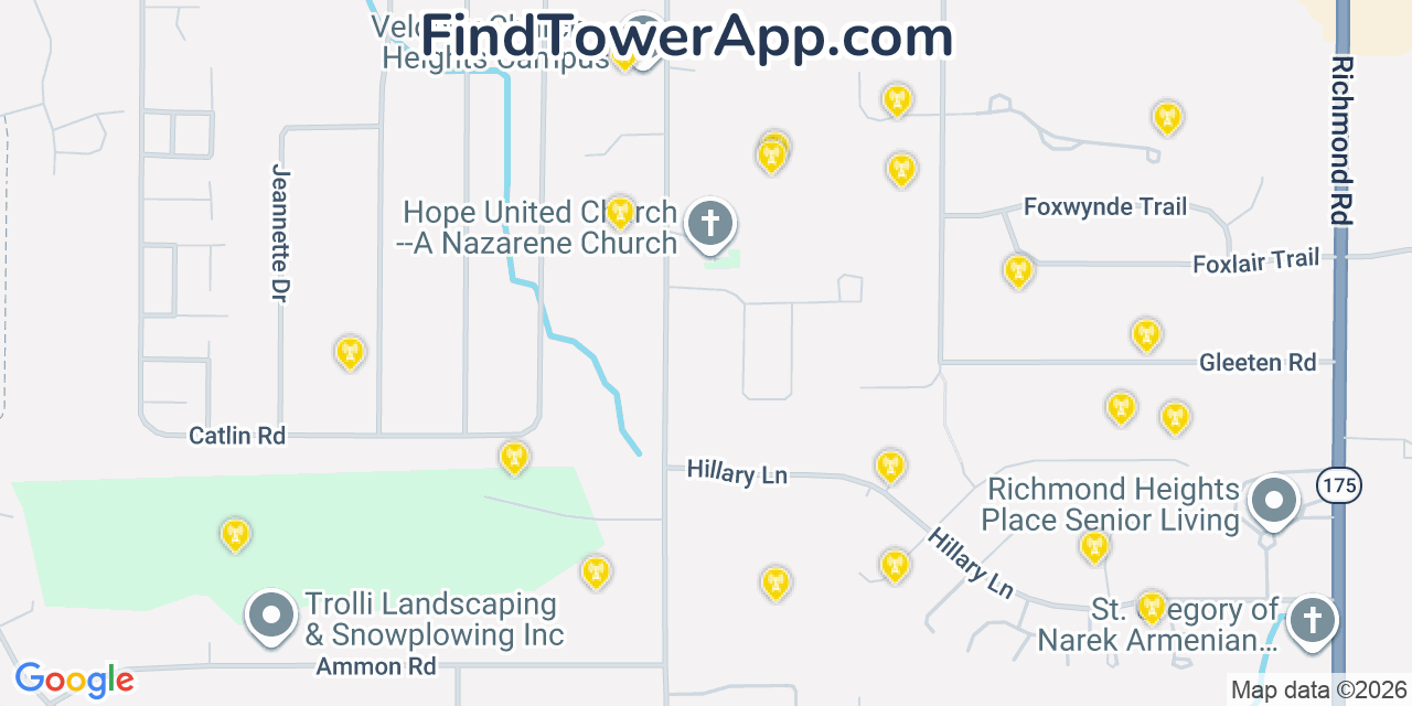 Map showing the 20 primary cell tower locations detected in Richmond Heights, Ohio from AT&T, Verizon, and T-Mobile networks