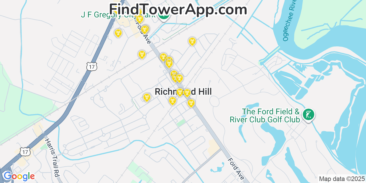 Map showing the 20 primary cell tower locations detected in Richmond Hill, Georgia from AT&T, Verizon, and T-Mobile networks