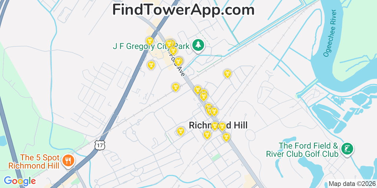 Map showing the 20 primary cell tower locations detected in Richmond Hill, Georgia from AT&T, Verizon, and T-Mobile networks