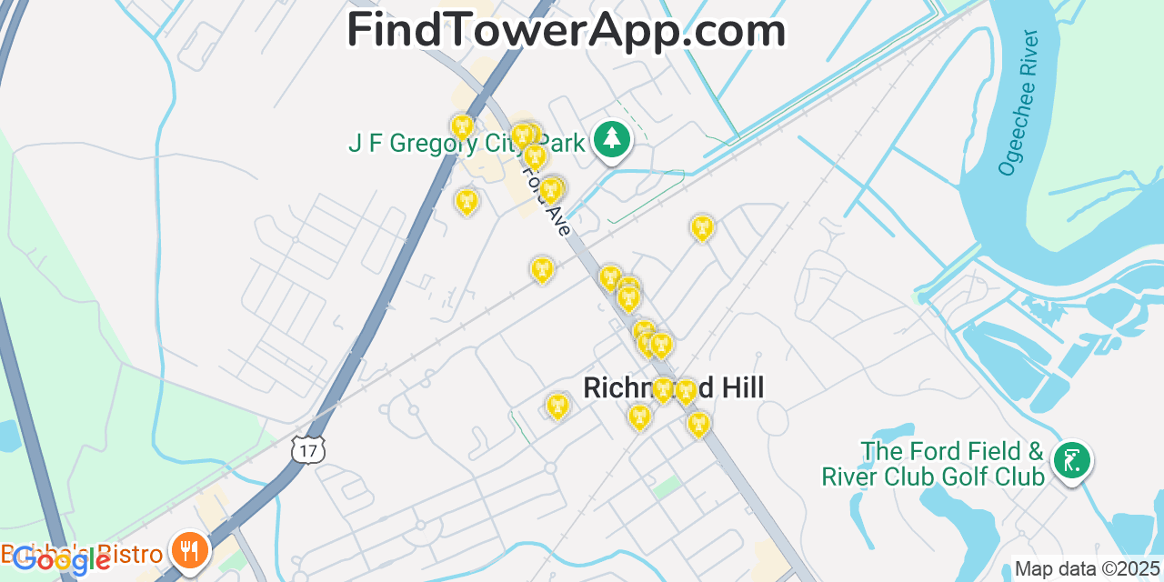 Map showing the 20 primary Mobitel cell tower locations detected in Richmond Hill, Georgia with coverage radius and signal strength indicators