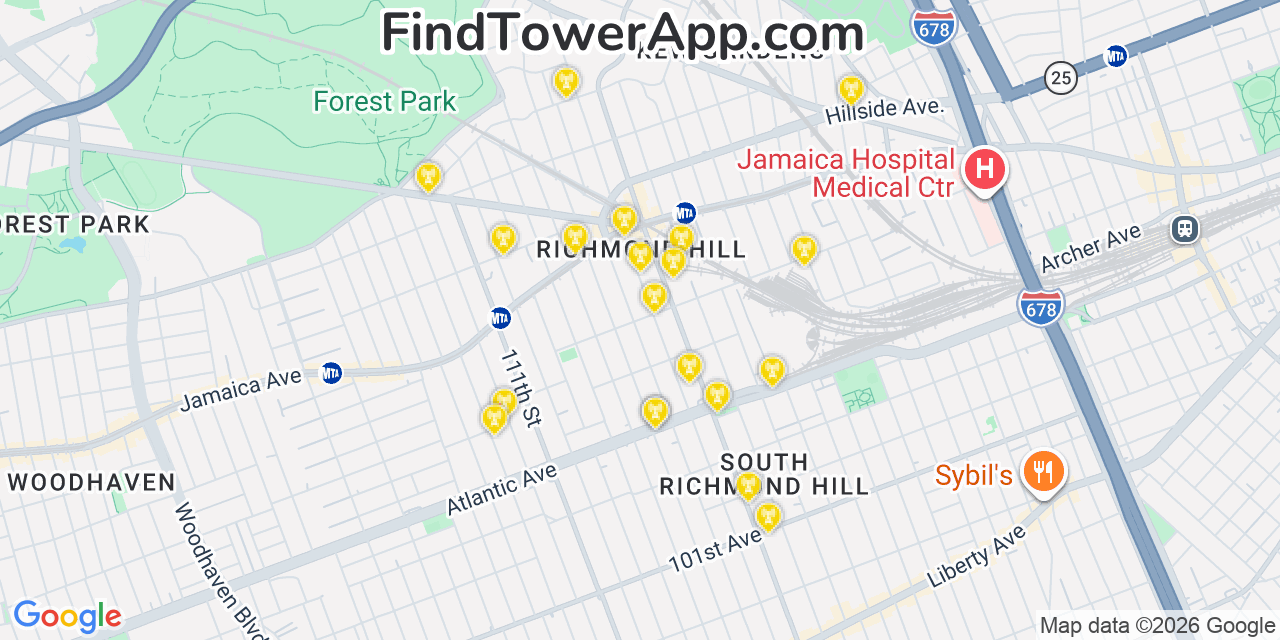 Map showing the 20 primary cell tower locations detected in Richmond Hill, New York from AT&T, Verizon, and T-Mobile networks