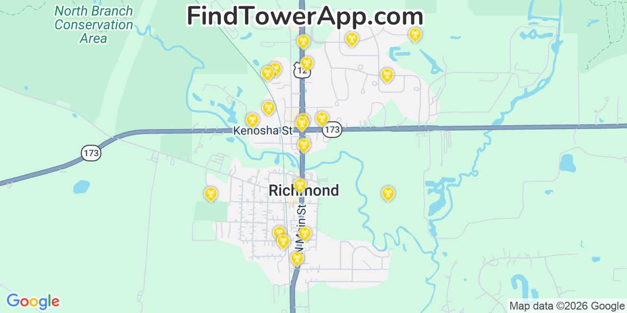 Map showing the 20 primary cell tower locations detected in Richmond, Illinois from AT&T, Verizon, and T-Mobile networks
