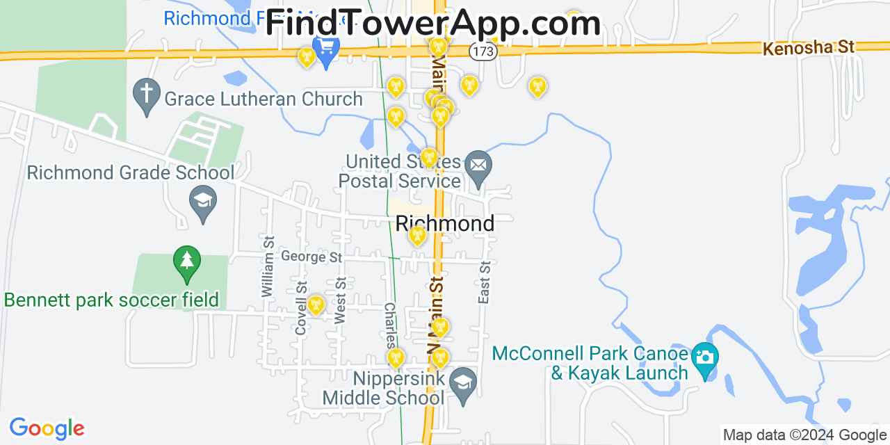 Verizon 4G/5G cell tower coverage map Richmond, Illinois