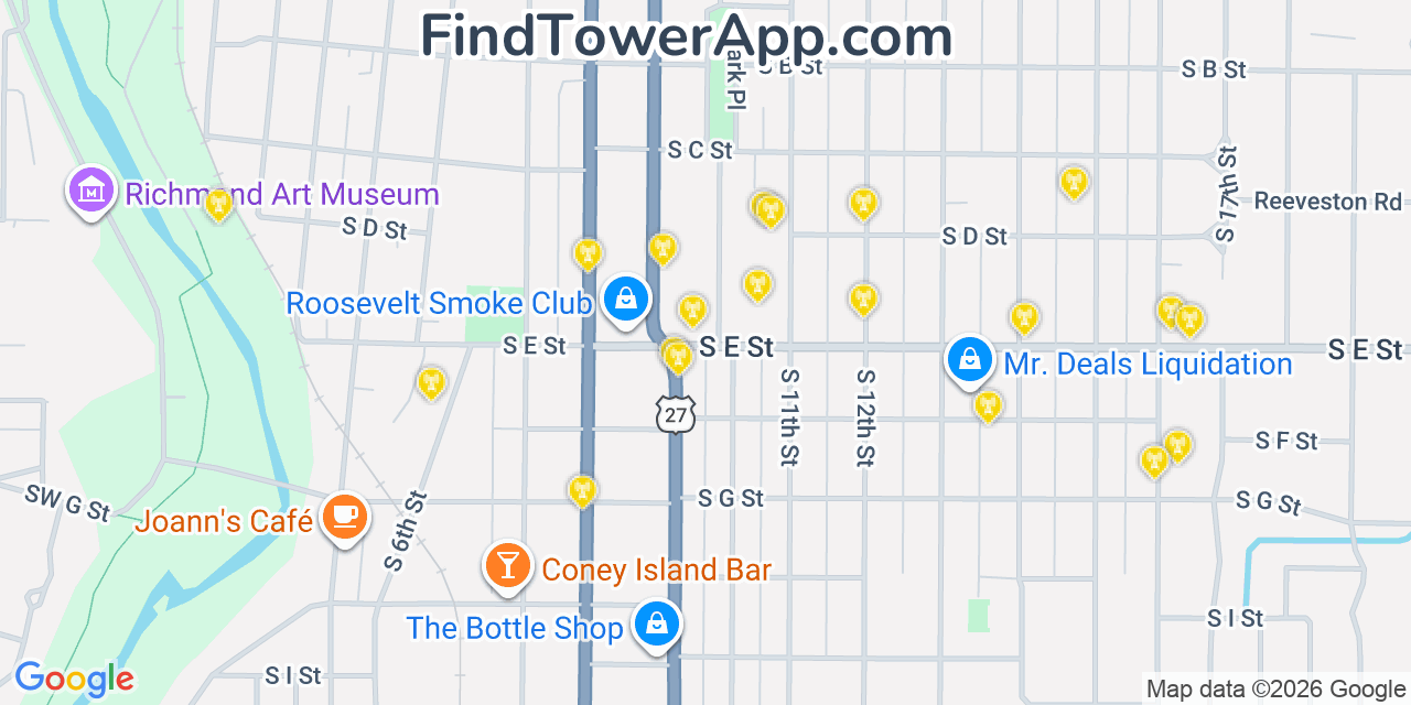 Map showing the 20 primary cell tower locations detected in Richmond, Indiana from AT&T, Verizon, and T-Mobile networks
