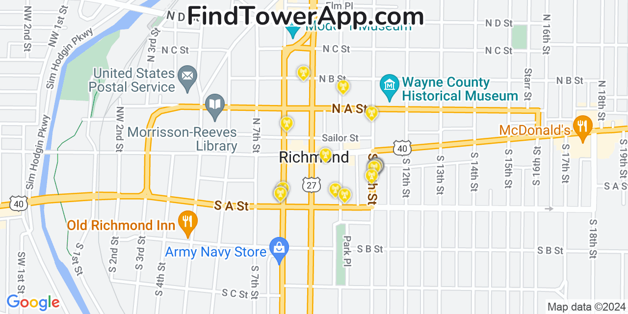 Verizon 4G/5G cell tower coverage map Richmond, Indiana