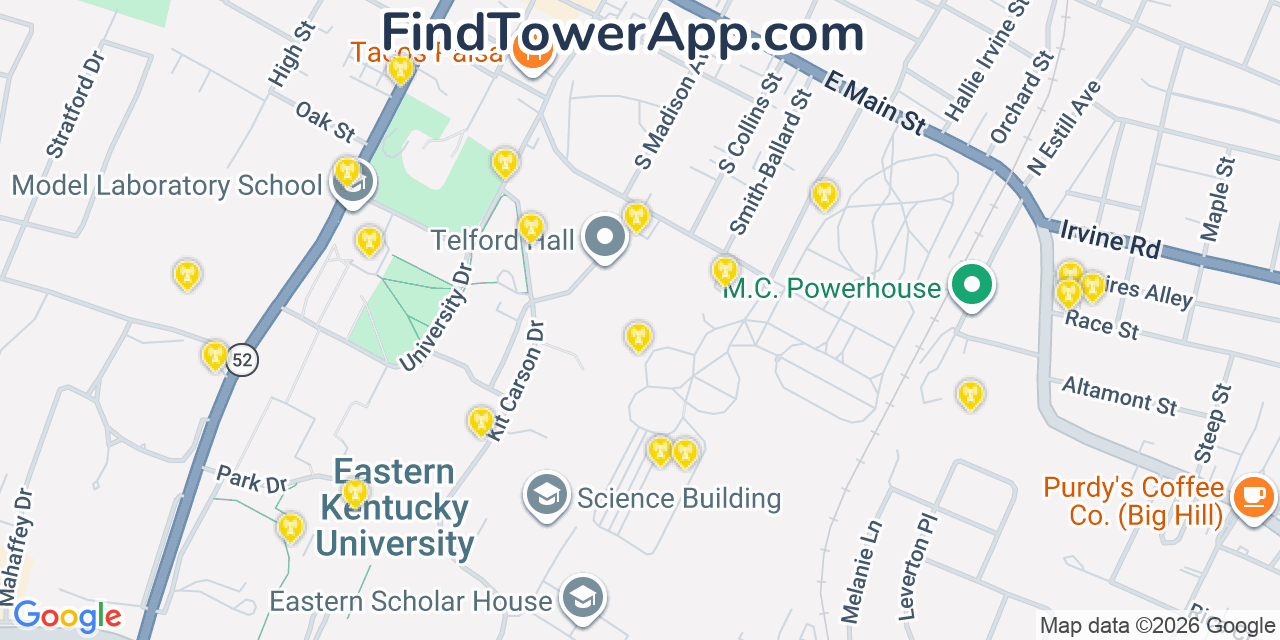 Map showing the 20 primary cell tower locations detected in Richmond, Kentucky from AT&T, Verizon, and T-Mobile networks